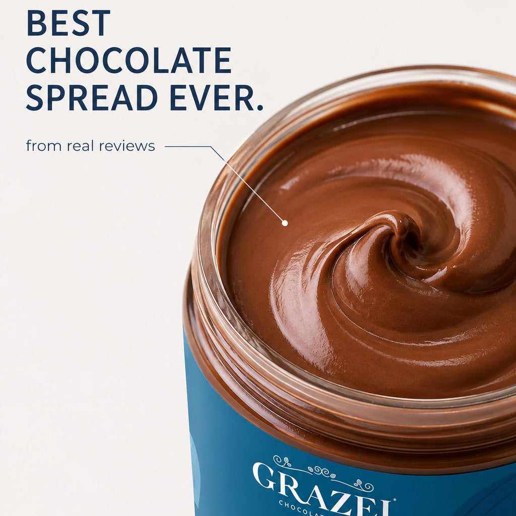 An open jar of GRAZEL Keto Chocolate Spread on a light background with promotional text. The spread is a rich, glossy brown and is shown in a close-up, highlighting its smooth texture.