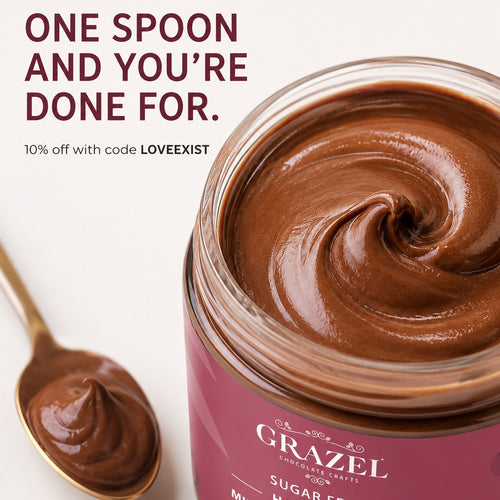A jar of Grazel Sugar Free Hazelnut Milk Chocolate Spread on a white background with a spoonful of the chocolate spread and promotional text.