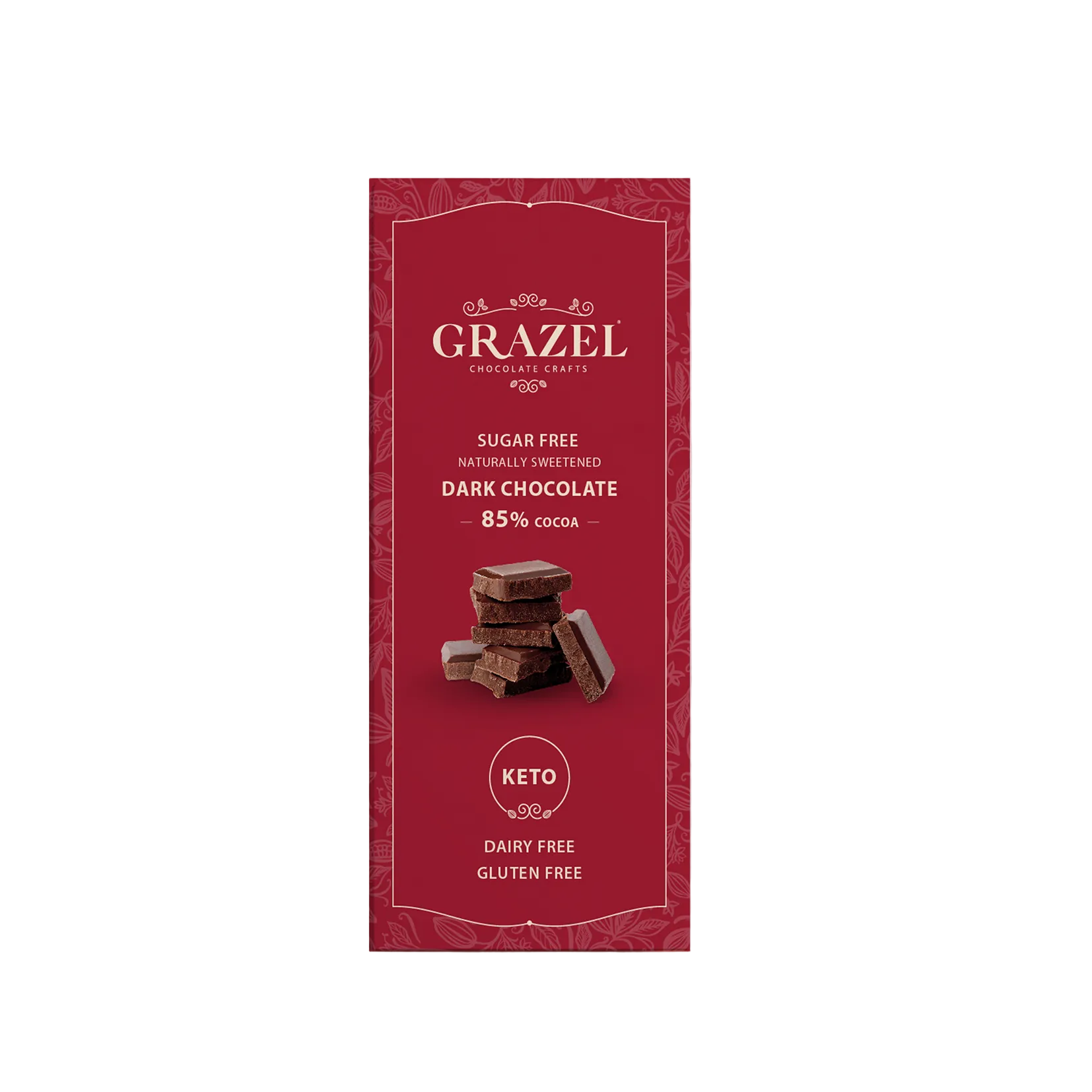 Red packaging of Grazel chocolate bars on a gray background