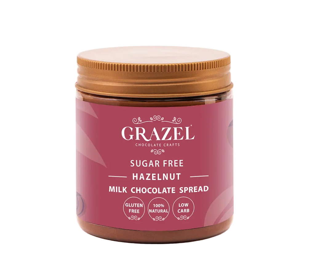 Jar of Grazel sugar-free hazelnut milk chocolate spread on a white background